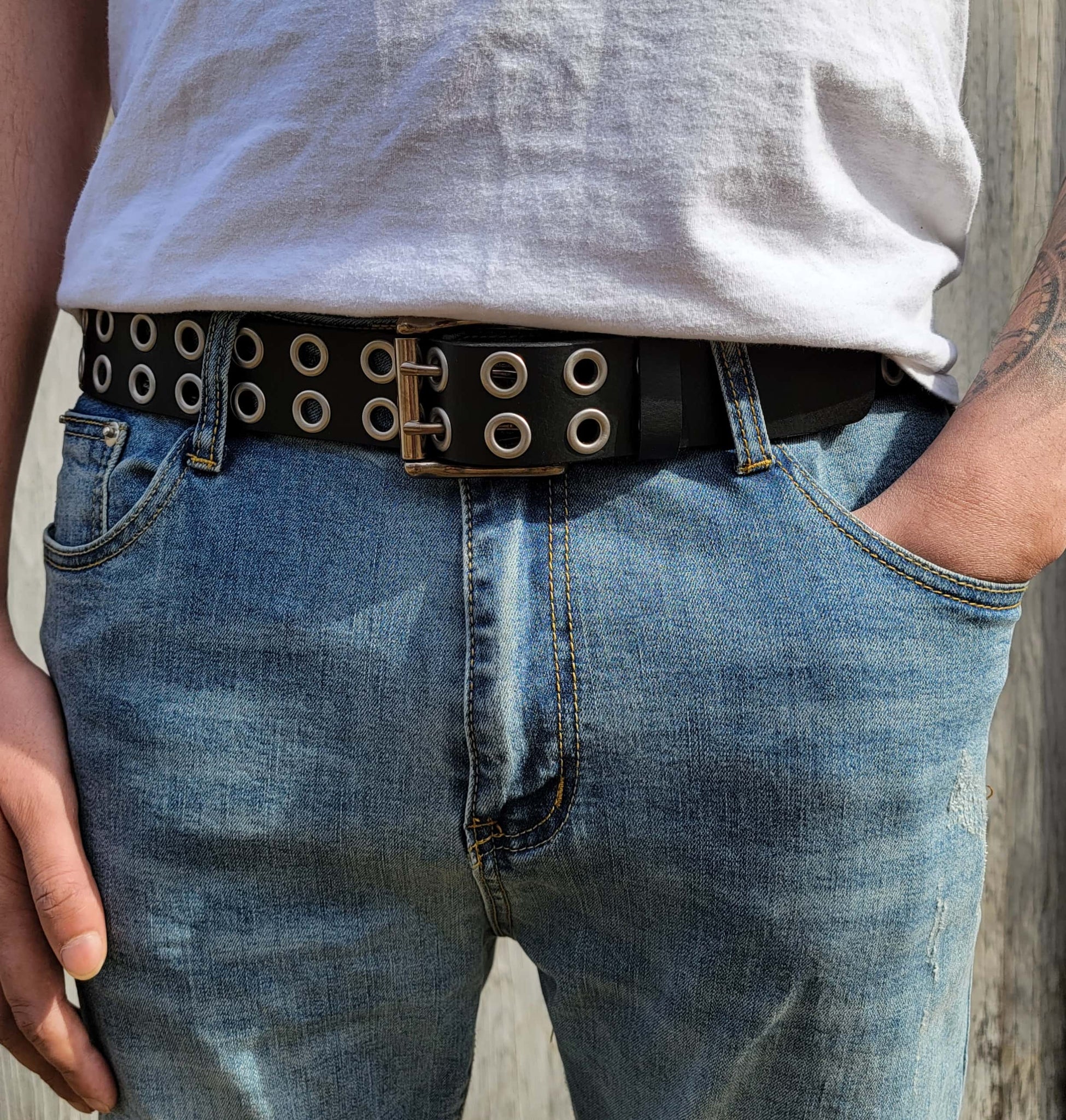 The Brixton Belt - Black Double Grommet 100 % Full Grain Leather Belt