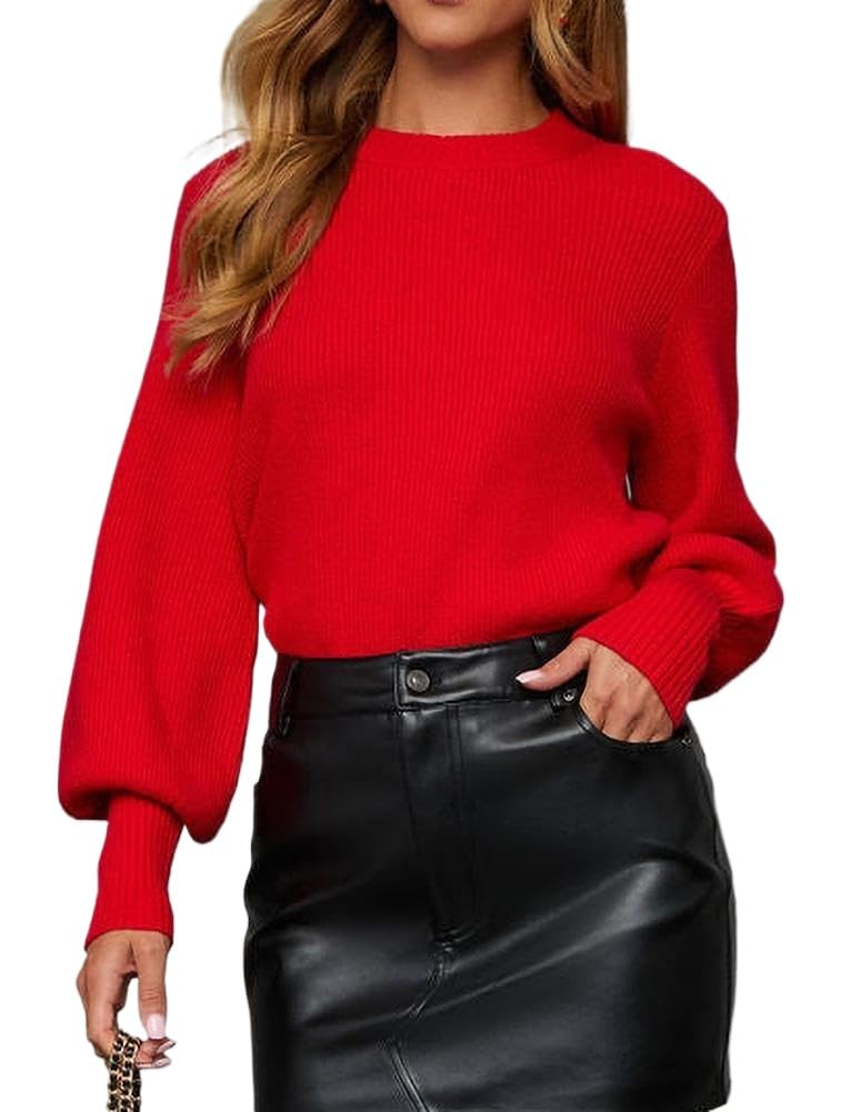 INFITTY Oversized Sweaters Women Casual Knit Pullover Sweater Long Sleeve Crewneck Plus Size Tops Trendy Clothes Red L