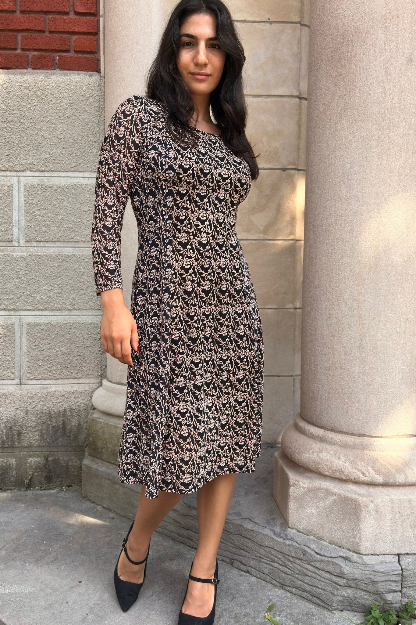 Mesh Dress Beige Floral Print with deep navy