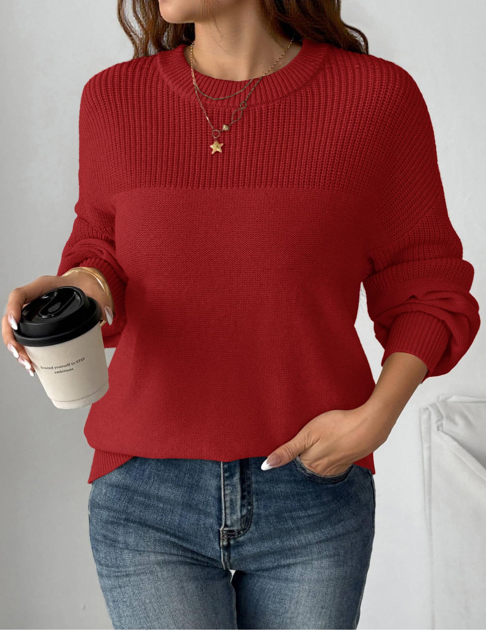 Zeagoo Womens 2025 Fall Winter Sweaters Crewneck Long Sleeve Chunky Pullover Sweaters for Women Casual Knit Pullover Tops Red