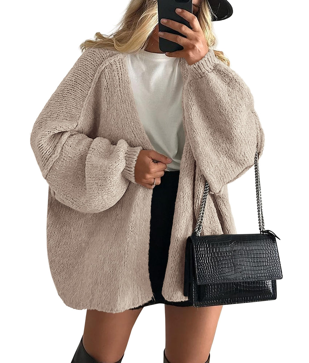 PRETTYGARDEN Womens Oversized Cardigan Sweaters 2025 Fall Long Lantern Sleeve Knit Open Front Lightweight Sweater (Grey Beige,Large)