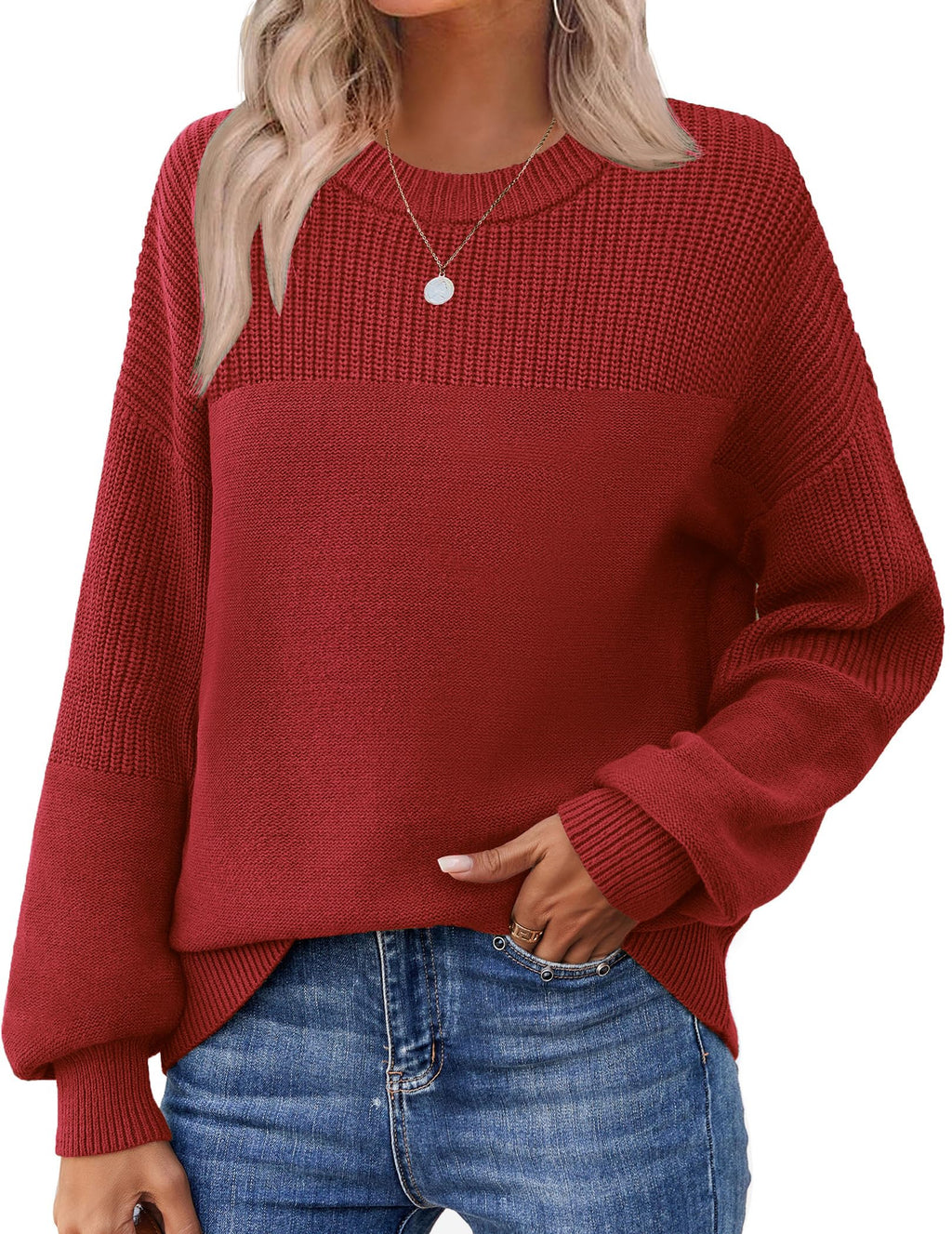 Zeagoo Womens 2025 Fall Winter Sweaters Crewneck Long Sleeve Chunky Pullover Sweaters for Women Casual Knit Pullover Tops Red