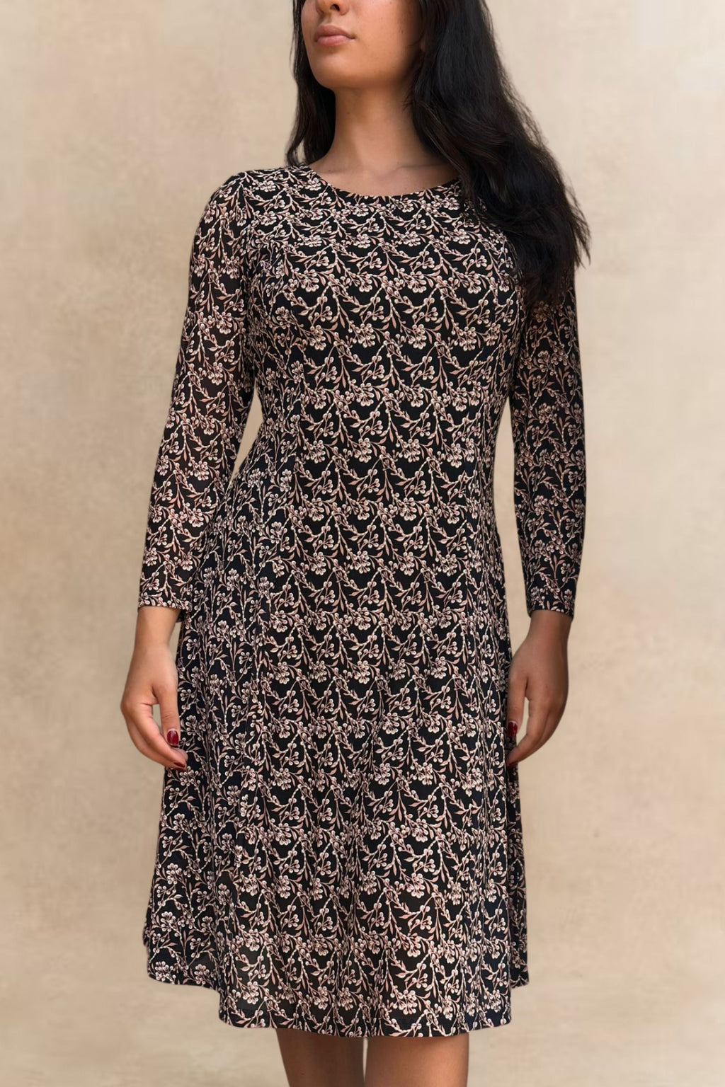 Mesh Dress Beige Floral Print with deep navy