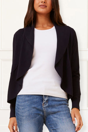 Alessia Lightweight Open-Front Black Cardigan Draped Waterfall Fit