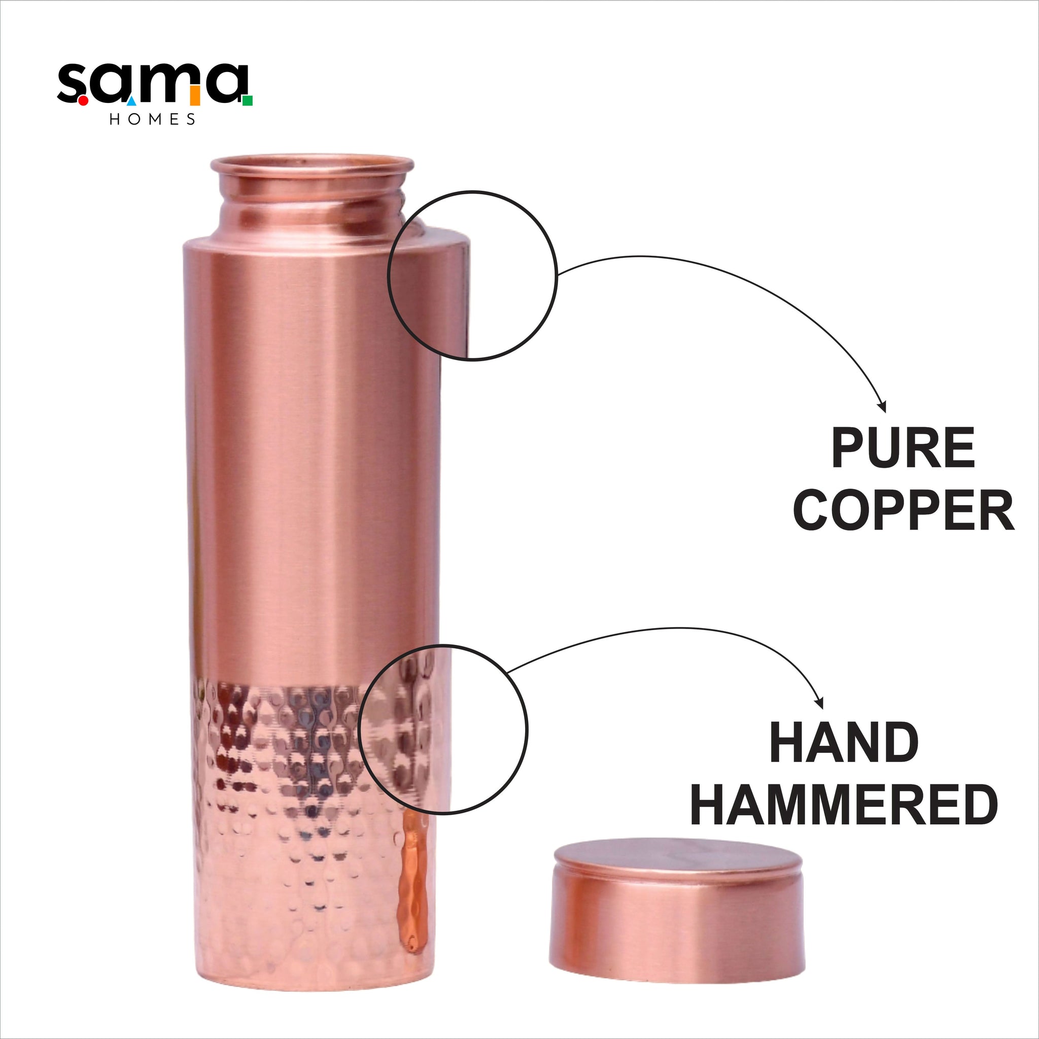Pure Copper Water Bottle Half Hammered and Half Matt Straight Capacity 1000ML
