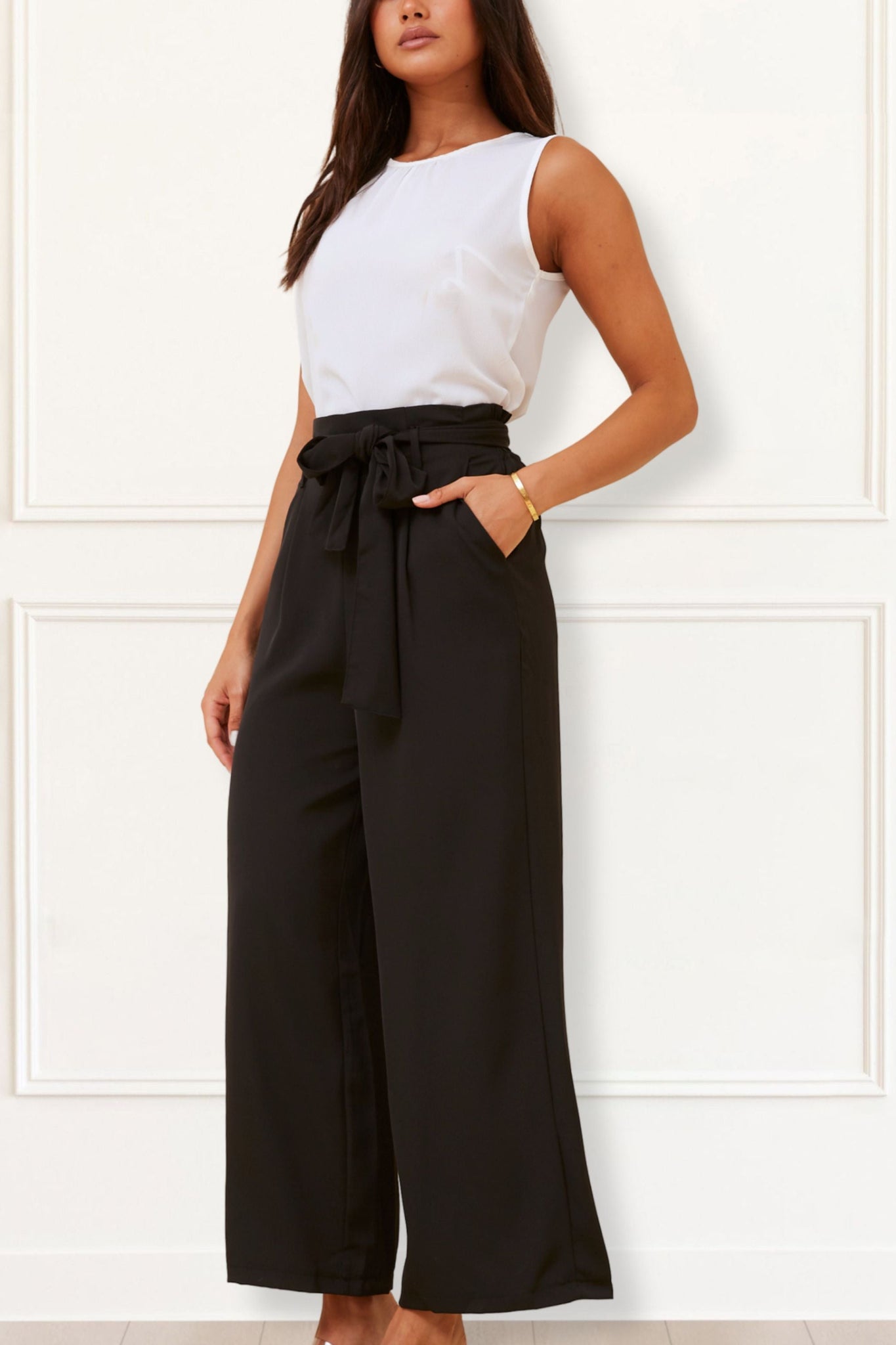 Alba Black Paperbag Pants Straight Leg Elastic Waistband