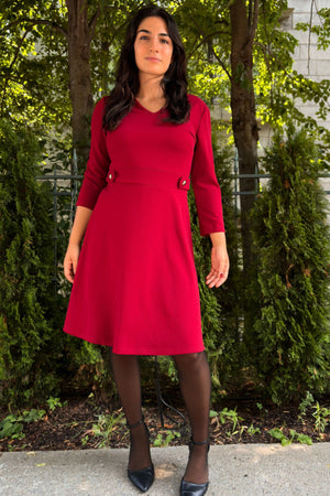 Nathalie A-Line Dress V-Neckline Structured Fit Gold Button Detail
