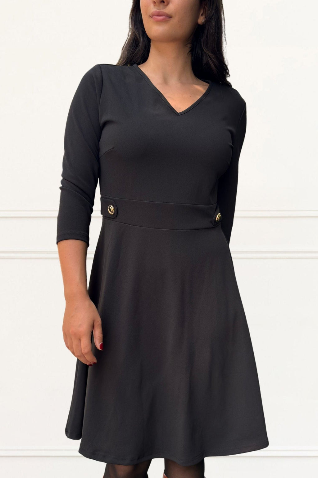 Nathalie A-Line Dress V-Neckline Structured Fit Gold Button Detail