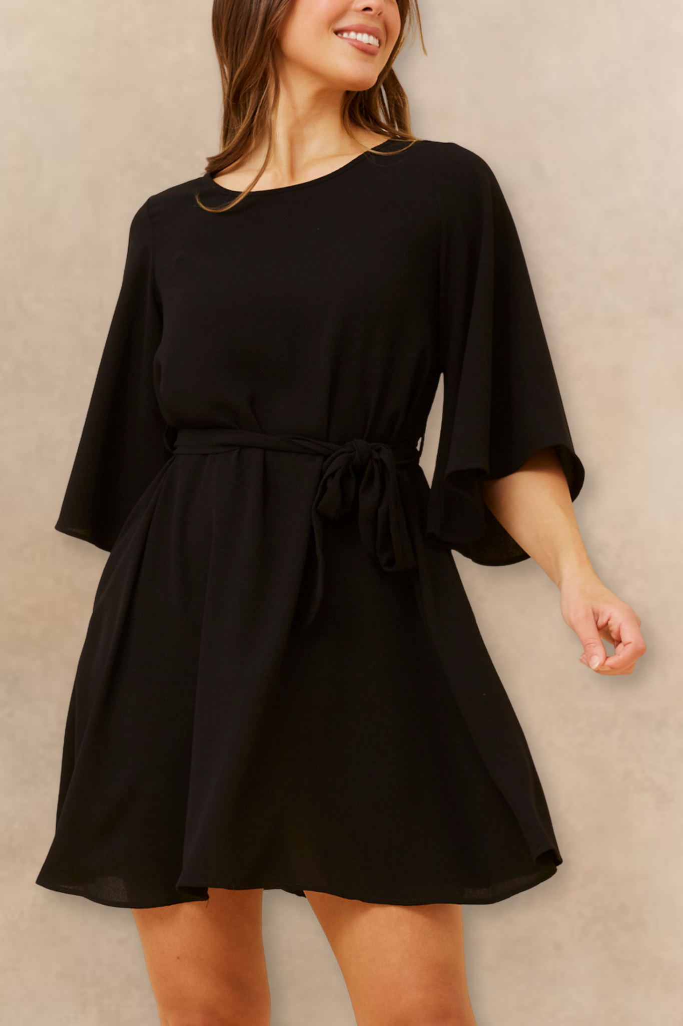 Jennifer Women's Flared Sleeve Belted Dress Solid Color