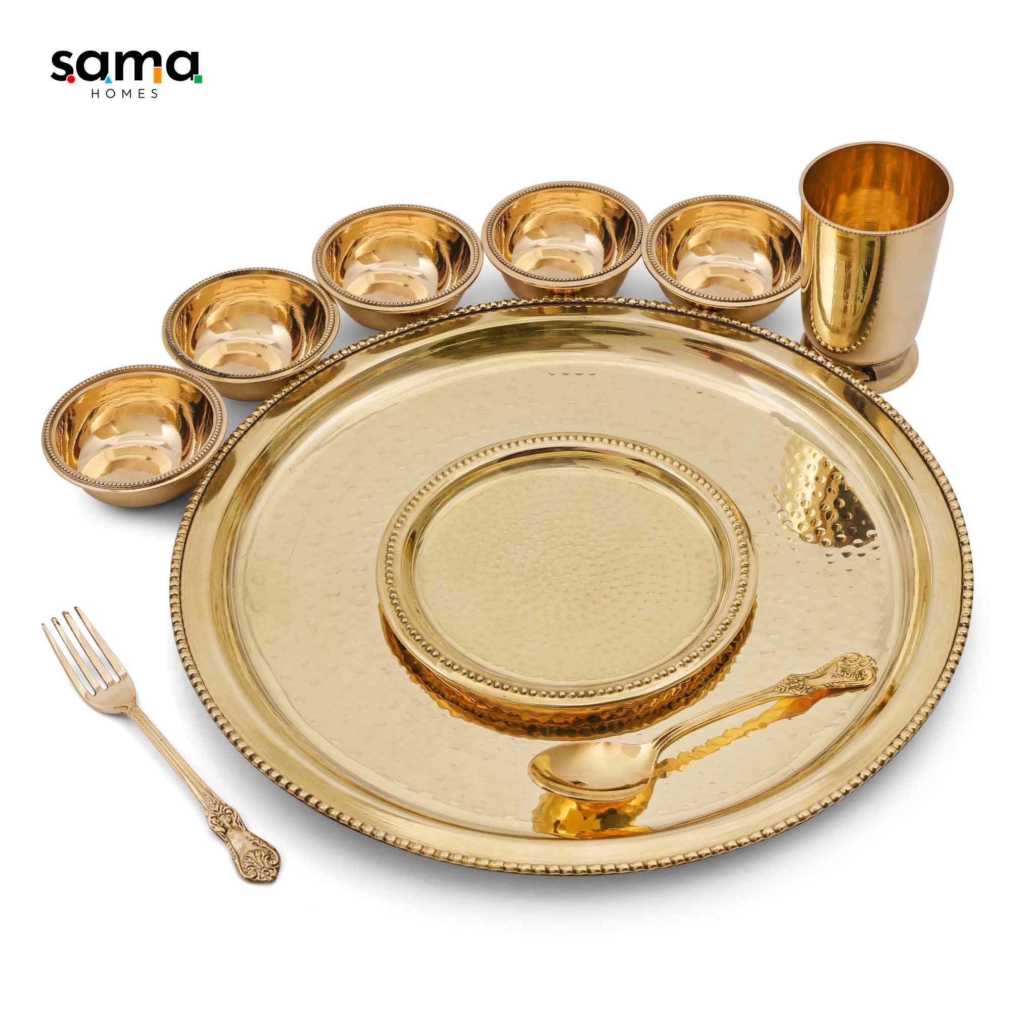 Handcrafted Brass Hammered Dinner Set for 5 | Rustic Farmhouse Tableware | Unique Copper Dinnerware | 10-Piece Set